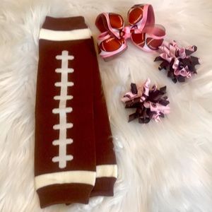 COPY - Cute football leg warmers plus 2 korker bows plus 1 larger football bow